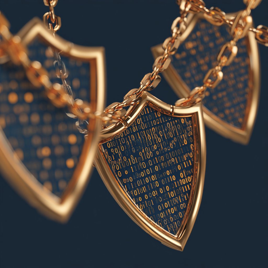 Chain of gold-rimmed shields with binary pattern representing CMMC Level 2 readiness for federal contractors