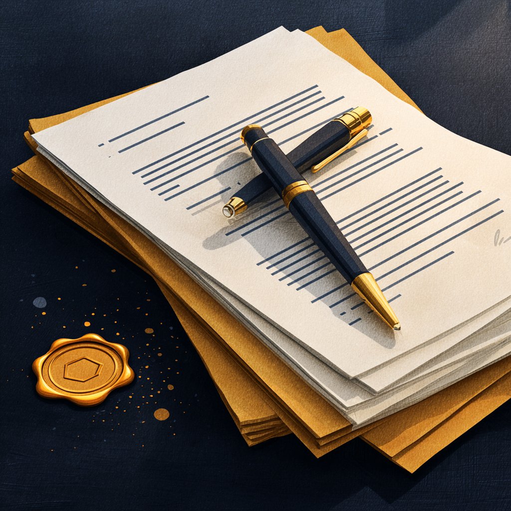 Stack of legal documents with gold pen and wax seal representing cybersecurity contract review for small business